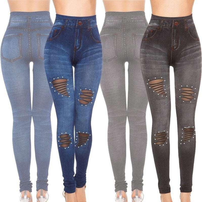 Cutout Mesh Studs Pearl Stretch Denim Leggings cutout mesh studs pearl stretch denim leggings