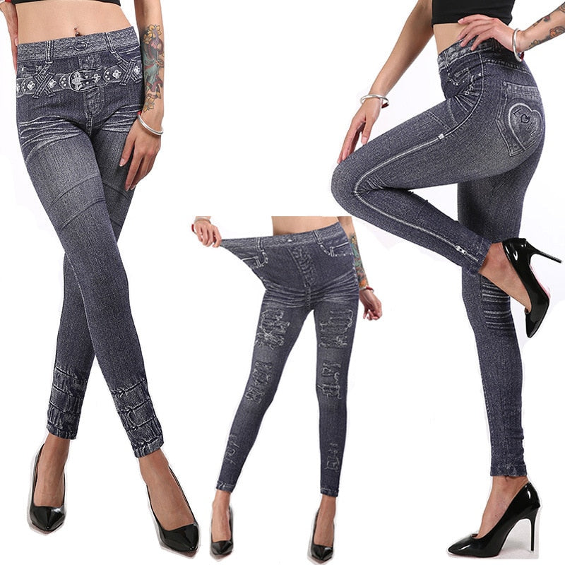 Spring new imitation denim leggings women denim leggings for ladies high waisted leggings with pockets leggings